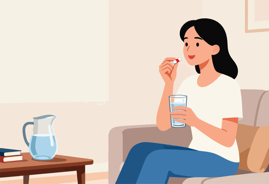 A woman prepares to take medicine with water, sitting on a sofa in a home setting