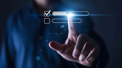 A person is selecting a checkbox with their finger in a futuristic interface