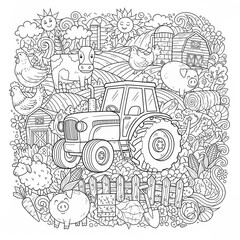 Black and white illustration of a farm scene with a tractor, animals, and buildings.
