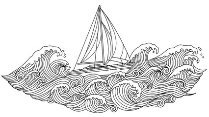 Detailed black and white line art of a sailboat navigating through turbulent, stylized waves.