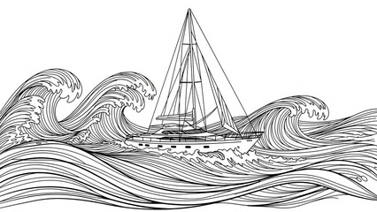 A detailed line art illustration of a sailboat navigating through large, stormy ocean waves.