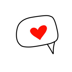 A hand-drawn style vector illustration of a speech bubble (chat cloud) containing a bright red heart. This symbolizes a message of love, favorite communication,or online dating.
