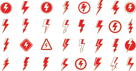 Collection of red lightning bolt and energy icons