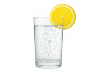 Glass of sparkling water with lemon slice and bubbles representing freshness and a healthy drink, transparent background