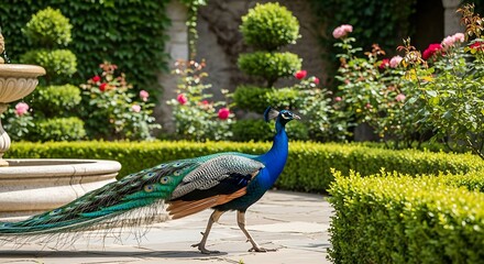 Obraz premium Majestic Peacock Striding Through a Vibrant Green Garden with Blooming Roses.