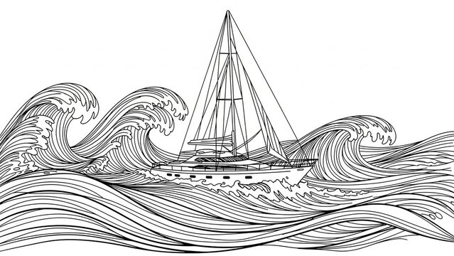 A detailed line art illustration of a sailboat navigating through large, stormy ocean waves. - Powered by Adobe