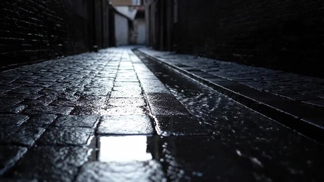 Wet cobblestone street in dark alley, a moody nighttime cityscape with urban texture and architecture.
