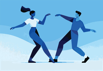 Obraz premium Stylized illustration of a man and woman in shades of blue. They appear to be dancing or interacting