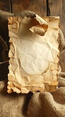 Aged paper on burlap over wood backdrop