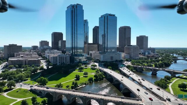 Drone shot capturing the downtown skyline of fort worth texas with trinity river and highway bridge traffic 4k video