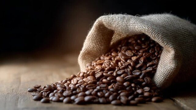 Coffee beans spilling from a burlap sack on a wooden surface