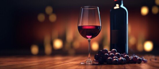 Elegant Wine Still Life - A Glass of Red Wine, Bottle, and Grapes on a Wooden Table.