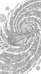 Intricate illustration of a spaceship traveling through a swirling galaxy filled with floral patterns and planets.