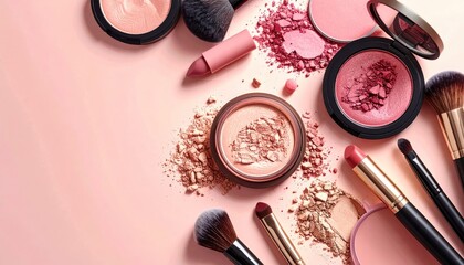 Makeup assortment, pink backdrop