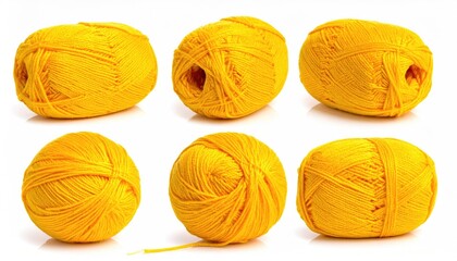 Six yellow yarn balls, white background