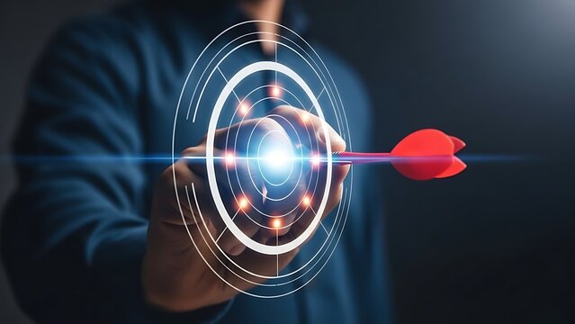 A person holding a digital target with a red arrow hitting the center