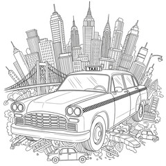 Detailed black and white illustration of a taxi in a city with skyscrapers and a bridge.