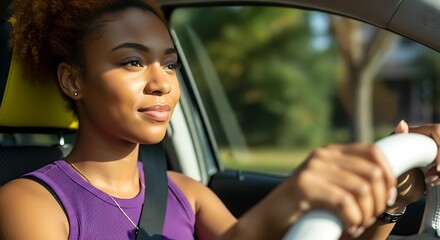 Confident and happy young African American woman smiling while driving a car on a sunny day road trip