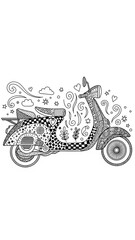 A detailed zentangle-style illustration of a vintage scooter, perfect for an adult coloring page.