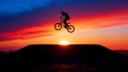 Fototapeta premium Bmx bike sunset silhouette jump extreme sport bicycle rider sky clouds sun adventure freedom challenge lifestyle action energy recreation outdoor nature landscape skill adrenaline