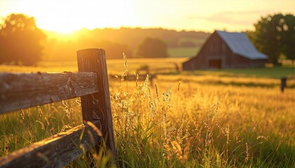 Golden hour field with fence & barn