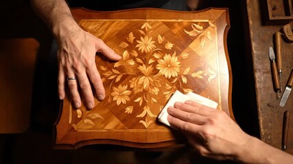 Craftsman cleaning wooden marquetry table top with flower design, tools nearby, woodcraft and furniture restoration concept, top-down shot.