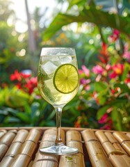 Iced lime drink on bamboo, tropical backdrop
