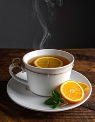 Tea cup with citrus and fresh herbs