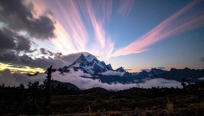 Mountain peak under streaky pink clouds