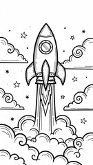 Black and white illustration of a rocket ship blasting off into space with clouds and stars.