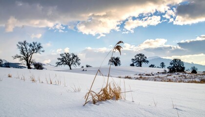 Snowy field w/ trees & cloudy sky