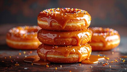 Stack of caramel-glazed, sprinkled donuts