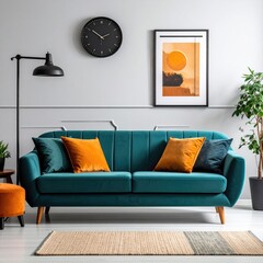 Teal sofa with orange pillows, styled