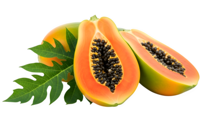 Sliced papaya fruit with seeds and green leaf isolated on transparent background