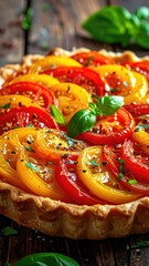 Colorful tomato tart on a wood table