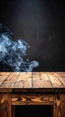 Wood table with swirling blue smoke