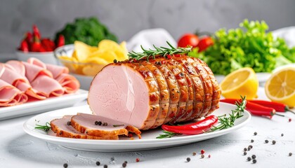 Cooked ham roast on white plate