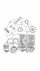 Line art illustration of a commercial truck with exposed gears and floating maintenance tools.
