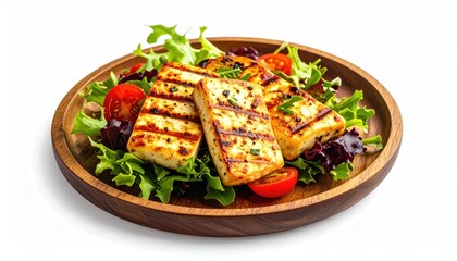 Grilled halloumi on salad plate