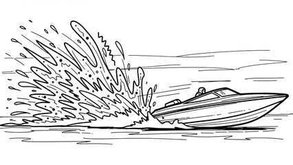 A dynamic black and white illustration of a sleek speedboat cutting through the water, creating a dramatic spray.
