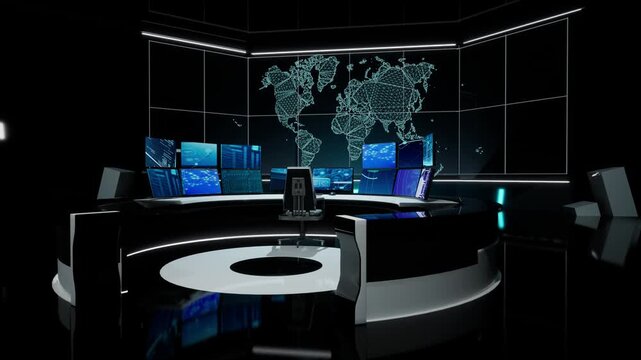 Futuristic Dark Control Room with Curved Desk and Large Digital World Map Display