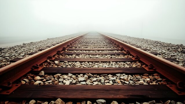 Railroad tracks in fog perspective travel transportation train track railway line rail journey foggy