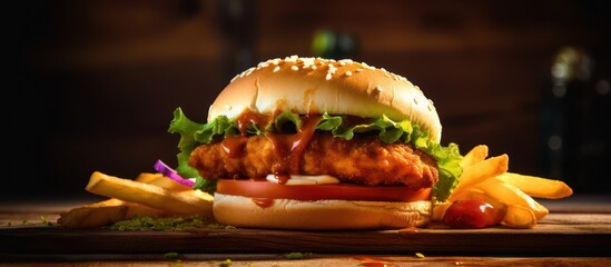 Delicious crispy chicken burger with fresh lettuce and tomato served with golden french fries.