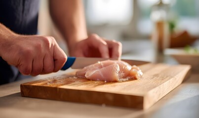 A man cuts chicken on a table with a wooden board and a blue knife