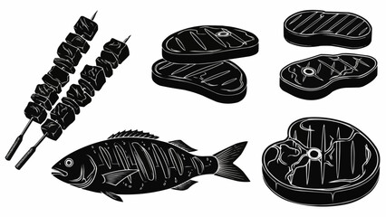 Grilled Feast - Skewers, Steaks, and Fish Illustration.