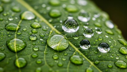 Close up macro shot of green leaf with water droplets nature photography dew drops on foliage freshness