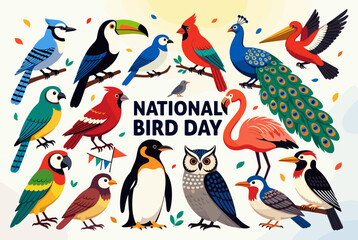 A vibrant illustration celebrating National Bird Day with a diverse collection of colorful birds from different species.