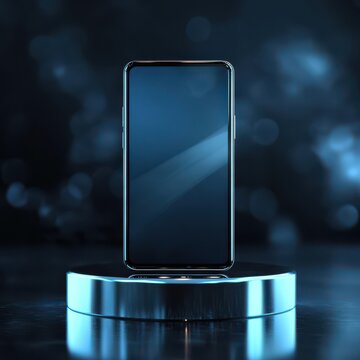 smartphone with a reflective surface on a futuristic podium, dark blur background