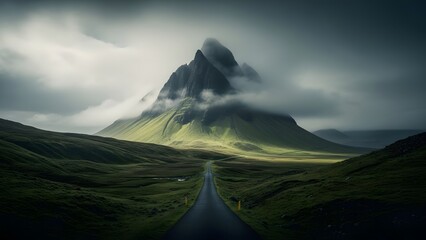 Dramatic mountain landscape with winding road moody clouds and green hills epic travel and adventure