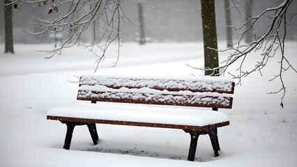 Snowy park bench scene winter landscape photography seasonal outdoor nature background cold weather scenic view